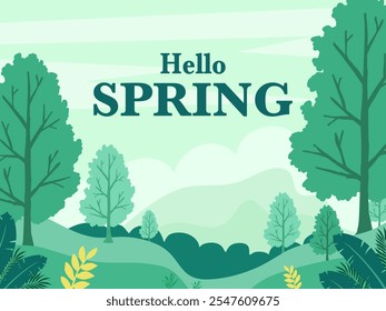 Hello spring text and trees nature for spring season. Hand drawn isolated illustrations.