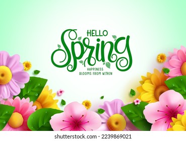 Hello spring text vector background design. Spring hello greeting typography with blooming fresh flowers elements for holiday season decoration. Vector Illustration.