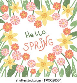 
Hello spring text vector banner greetings design with colorful floral elements such as marigold, primrose and daffodil in green floral background for spring season. Vector illustration.