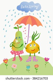 Hello spring text.Vector card with cute cartoon character.Hand drawing childish style.Lovers under an umbrella.Cute characters pears and onions.Spring, rain, flowers