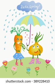 Hello spring text.Vector card with cute cartoon character.Hand drawing childish style.Lovers under an umbrella.Cute characters carrots and onions.Spring, rain, flowers