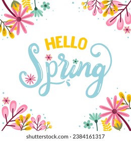 Hello spring theme lettering with decoration vector design in eps 10