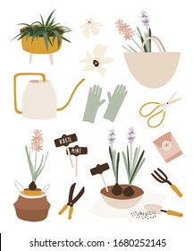 Hello spring time. Balcony gardening tool set. Vector illustration of garden elements: spade, pitchfork, wheelbarrow, plants, watering can, grass, garden gloves, 
hyacinth.