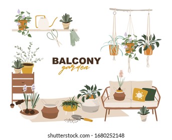 Hello spring time. Balcony gardening tool set. Vector illustration of garden elements: plants, watering can, grass, garden gloves, rattan sofa, 
hyacinth.