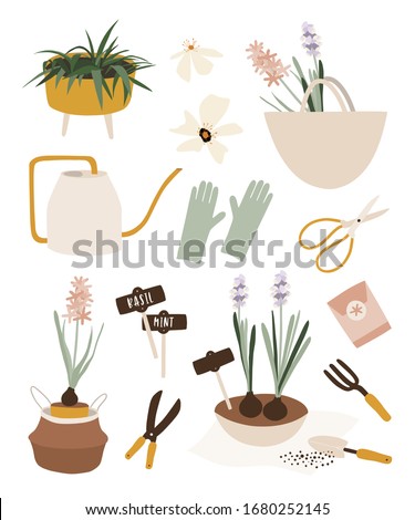 Hello spring time. Balcony gardening tool set. Vector illustration of garden elements: spade, pitchfork, wheelbarrow, plants, watering can, grass, garden gloves, 
hyacinth.