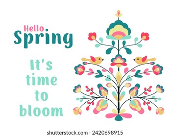 Hallo Frühling! Es ist an der Zeit, Vektorkarten mit Baum des Lebens, abstrakten Blumen und Vögeln zu blühen. Frühlingskarte. Hallo Gruß auf die Frühlingszeit. Lebensbaum blüht und blüht, kleine Vögel auf seinen Ästen