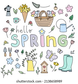 Hello spring. Spring time collection with flowers, plants and gardening tools. Hand drawn. For scrapbooking, greeting card, invitation, poster. Vector illustration, flat design