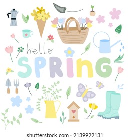 Hello spring. Spring time collection with flowers, plants and gardening tools. Hand drawn. For scrapbooking, greeting card, invitation, poster. Vector illustration, flat design