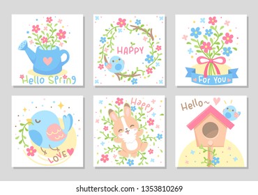 Hello Spring! It's time of fresh warmer days, blooming flowers, green leaves and little cute bird! Set of square gift tag, card, badge. Lovely happy greetings. Vector illustration.
