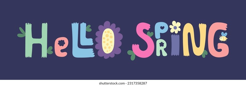 Hola primavera tipografía manuscrita tipográfica texto colorido banner de fondo. Vocación de temporada, fin de semana, impresión de vacaciones, tarjeta