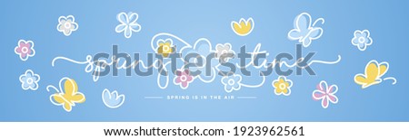 Hello Spring time handwritten typography lettering text spring is in the air line design colorful flowers butterflies tulips draw blue background banner