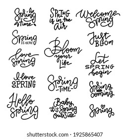 Hello Spring time lettering greeting cards set. Special spring sale typography poster in black and white colors. Vector linear hand drawn illustration