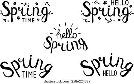 Hello Spring and Spring Time lettering typography set in handwritten style, vector