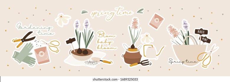 Hello spring time stickers. Balcony gardening tool set. Vector illustration of garden elements: spade, pitchfork, wheelbarrow, plants, watering can, grass, garden gloves, hyacinth.