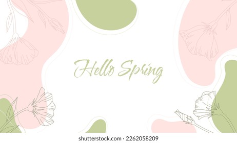 Hello Spring. Trendy abstract background with fluid shapes and floral element in pastel green colors. Modern line wave for presentation, wrapper, poster, blog, wallpaper, wedding. Vector illustration.