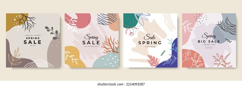 Hello Spring. Trendy abstract square art templates. Suitable for social media posts, mobile apps, banners design and web internet ads.