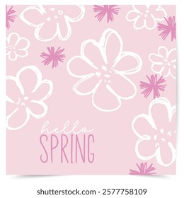 Hello Spring. Trendy design with spring flower in pink. Great for seasonal posters, greeting cards, banners or invitations.