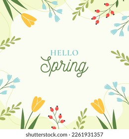 Hello Spring. Trendy floral green background. Minimalistic style with floral elements. Vector template for a postcard, banner, invitation, social media post, poster, mobile applications.