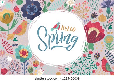 Hello Spring. Trendy script lettering design Spring Sale. - Vector illustration Flowers and Birds.