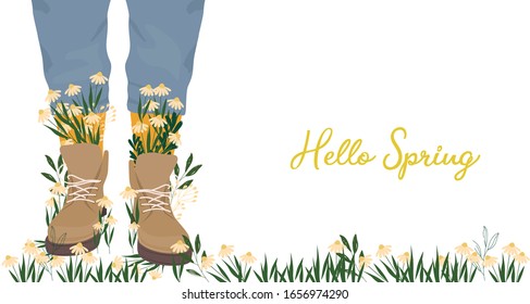 Hello Spring Trendy vector illustration. Pairs of female or male legs in the boots, High socks and jeans in the meadow with flowers. Cartoon style. Editable vector illustration