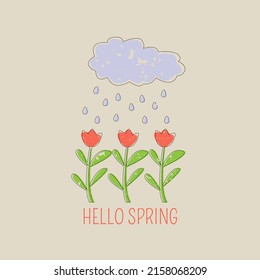 Hello Spring. Tulips in the rain, beautiful background flat simple style. Vector illustration.