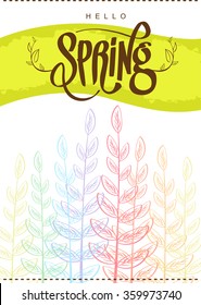 Hello Spring typographic design with background tree . Spring Background . Vector design for spring sales, banners, advertisement.
