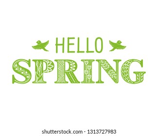 Hello Spring typographic design for seasonal greetings. Lettering for greeting card, invitation, banner, poster, background template. Handwritten calligraphy design. 