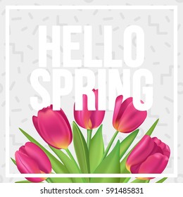 Hello Spring! Typographic spring poster with tulips bouquet.