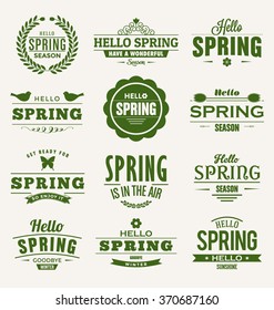 Hello Spring Typographic Vector Design Collection - A set of twelve green colored vintage style spring designs on light background