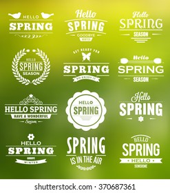 Hello Spring Typographic Vector Design Collection - A set of twelve vintage style spring designs on green background