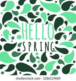 Hello Spring. Typographical greeting card design with green vector leaves. Eps10.