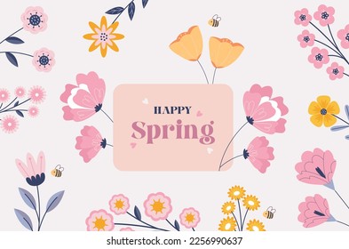 Hello Spring typography. Garden flower, plants, botanical, seamless pattern vector design for fashion, fabric, wallpaper. Spring pattern colorful flowers. Sale, offer, vector illustration