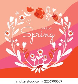 Hello Spring typography. Garden flower, plants, botanical, seamless pattern vector design for fashion, fabric, wallpaper. Spring pattern colorful flowers. Sale, offer, vector illustration