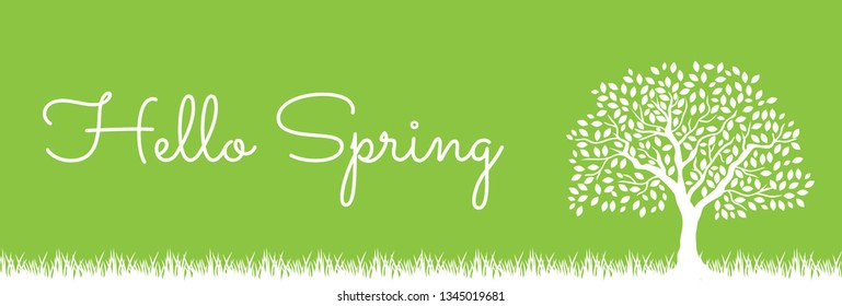 Hello Spring typography with  green grass and beautiful tree illustration