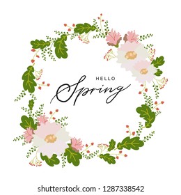 Hello spring typography hand drawn lettering poster with flower wreath decor. Vector illustration for 8 March Women's Day, Mother's Day, greeting cards, invitations. Floral background, template
