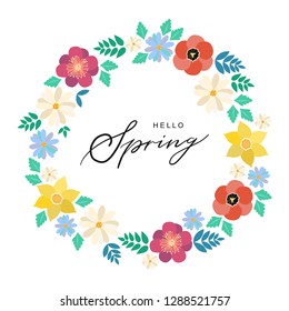 Hello spring typography hand drawn lettering poster with flower wreath decor. Vector illustration for 8 March Women's Day, Mother's Day, greeting cards, invitations. Floral border background, template