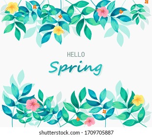 Hello spring typography. Lettering spring season with leaf and tropical flowers for greeting card, invitation template, retro, vintage banner, poster, background and label tag spring sale.