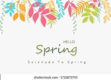 Hello Spring Typography. Lettering Spring Season With Leaf Is Colorful For Greeting Card, Invitation Template, Retro, Vintage Banner, Poster, Background And Label Tag Spring Sale.