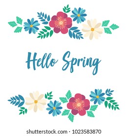 Hello Spring typography poster with cute colorful flowers in flat style, isolated. Vector illustration for greeting card, invitation. Spring flowers background with crocus and chamomile frame. EPS 10.