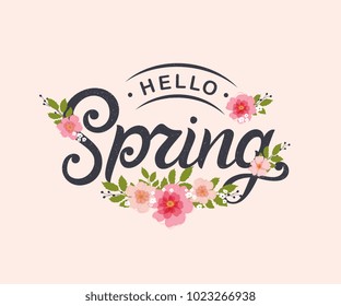  Hello Spring typography vector design for greeting cards and poster. Hand lettering text isolated on pink background. Design template celebration. Vector illustration.