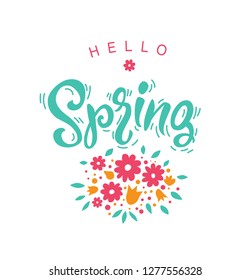 Hello, spring typography vector design for greeting cards and poster on white background. Vector illustration. For poster, banner, card design