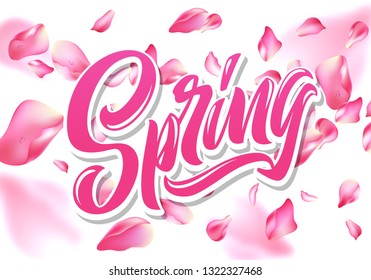 Hello Spring typography vector design for greeting cards and poster. Hand lettering text with flying rose petals. Design template celebration. Vector illustration.