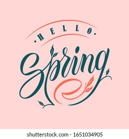 Hello Spring typography vector design for greeting cards and poster. Hand lettering text isolated on pink background. Design template celebration. Vector illustration.