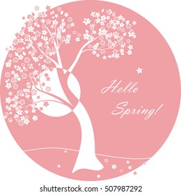 Hello Spring! Vector abstract illustration of decorative Japanese cherry blossom tree - sakura against sun. Oriental round pink poster. Asia concept. Eps 8.