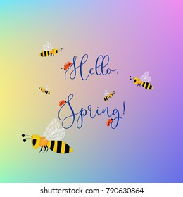 Hello spring vector background with vector drawn bees and ladiebirds. Colorful banner design.
