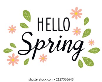 Hello, spring vector background with leaves and flowers. 