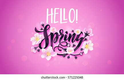 Hello Spring vector background online banner with white cherry blossom on purple background
