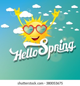 Hello spring vector background. Spring or summer blue shiny sky with funny cartoon sun and clouds 