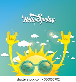 Hello spring vector background. Spring or summer blue shiny sky with funny cartoon sun and clouds 