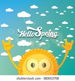 Hello spring vector background. Spring or summer blue shiny sky with funny cartoon sun and clouds 